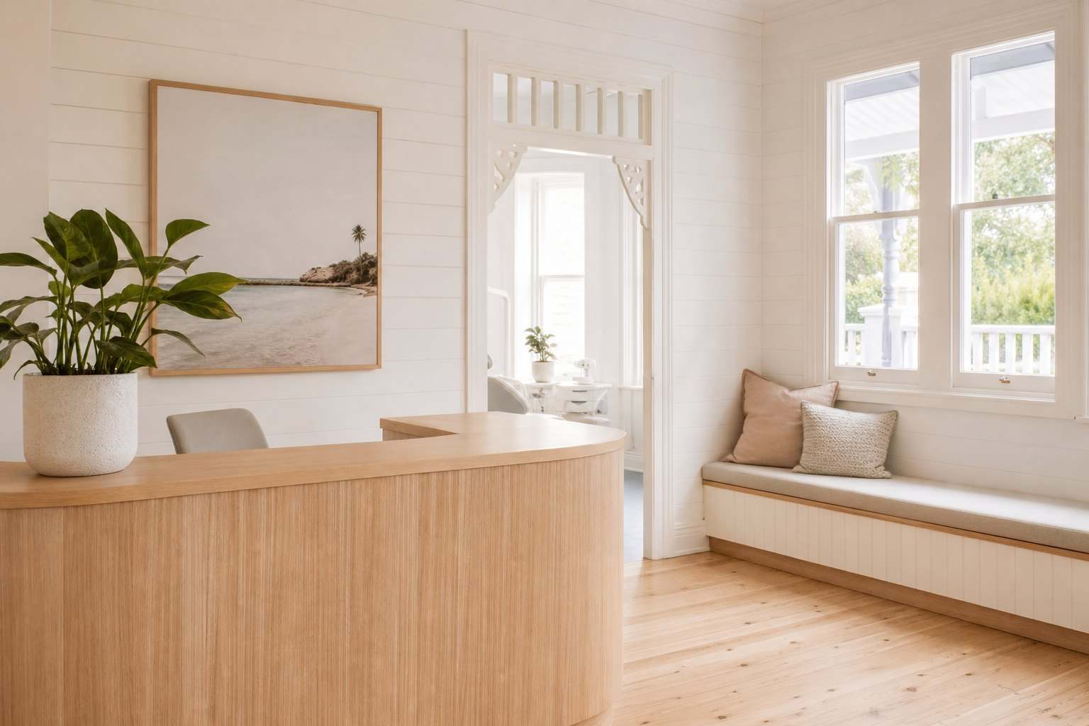 A bright reception desk of pale timber with a potted plant beside it